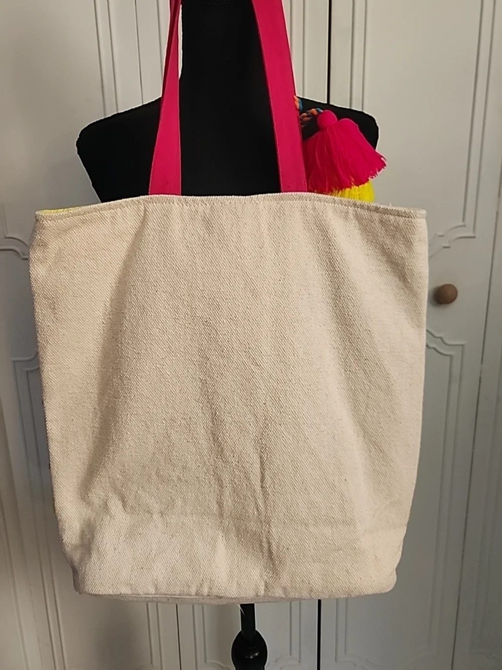 Katydid Multicolor Heart Rainbow Embroidered Tote with Hot Pink Handles